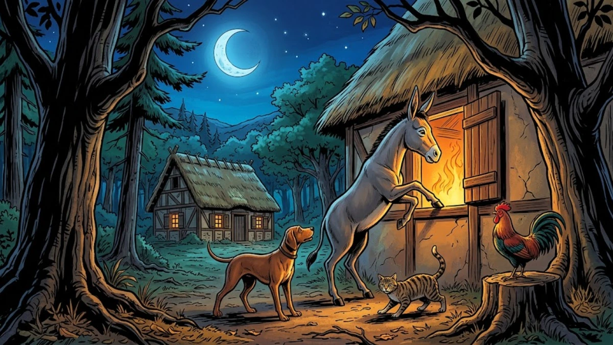 The cat leaps at the young robber, the dog bites his leg, the donkey rears in the doorway and the rooster crows from the rafter