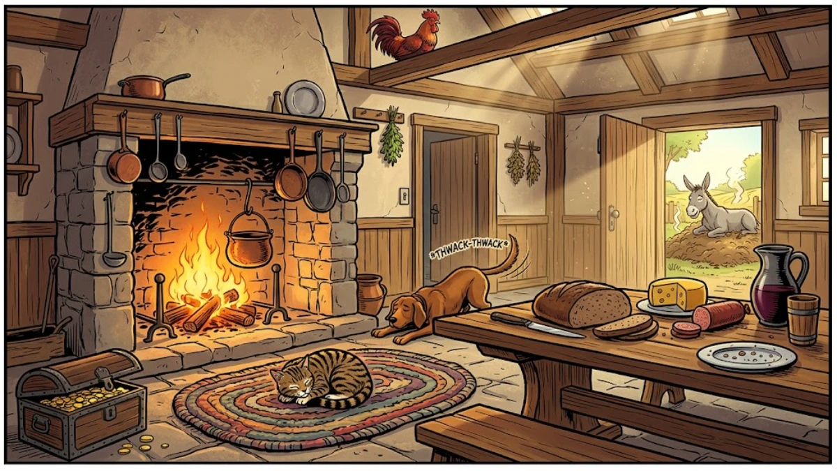 The four animals at home in the cottage by daylight — donkey through the door, dog stretched, cat by the hearth, rooster on the rafter, chest of gold on the floor