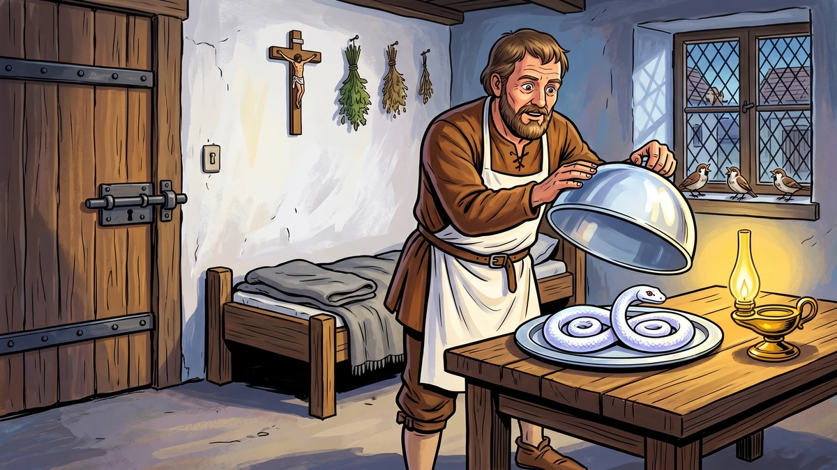 The White Snake (Brothers Grimm KHM 17) cover — the king's servant lifts the silver dome and discovers the coiled white snake on the dish in his small chamber