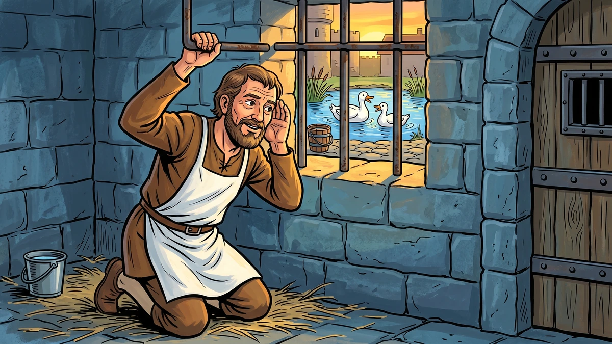 The servant in the cellar prison listens through the barred window to the two ducks gossiping on the kitchen pond at sunset
