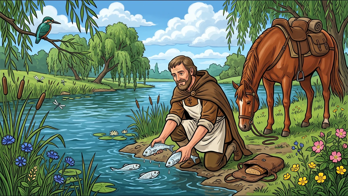 The servant kneels at the riverbank releasing three small fish back into the water while his chestnut horse drinks