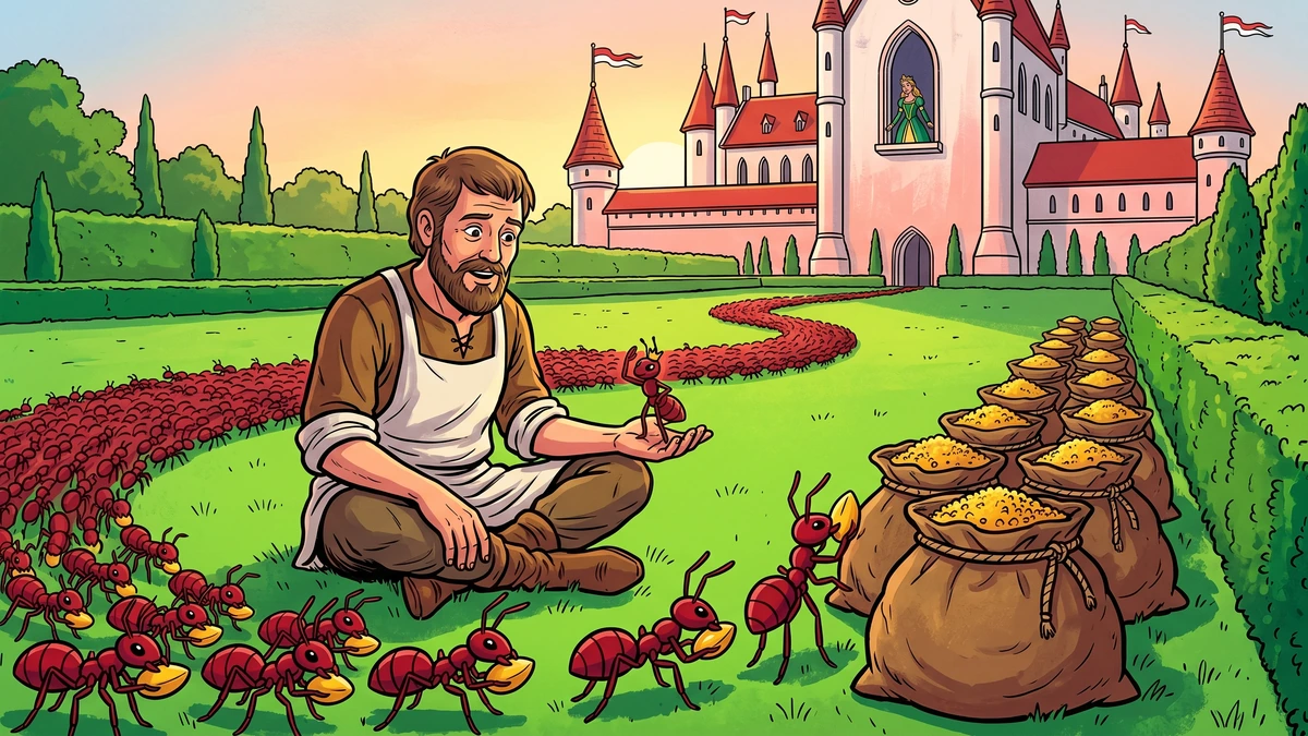 An army of crimson ants gathers scattered millet seed into ten hessian sacks on the palace lawn at sunset; the ant-king salutes the servant