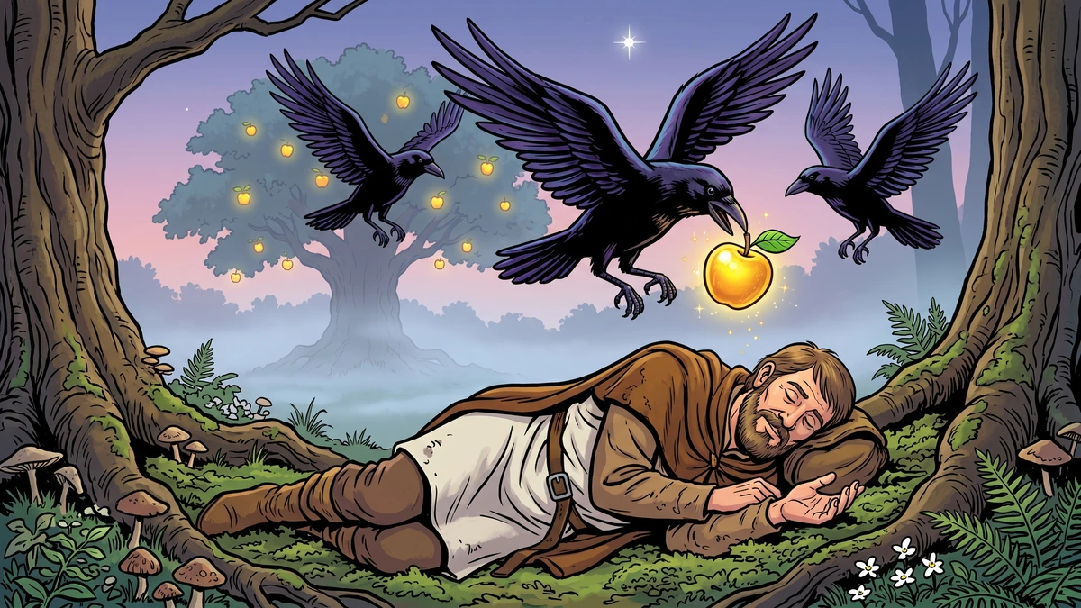 Three glossy ravens drop the golden Apple of Life from the Tree of Life into the sleeping servant's open palm at dawn