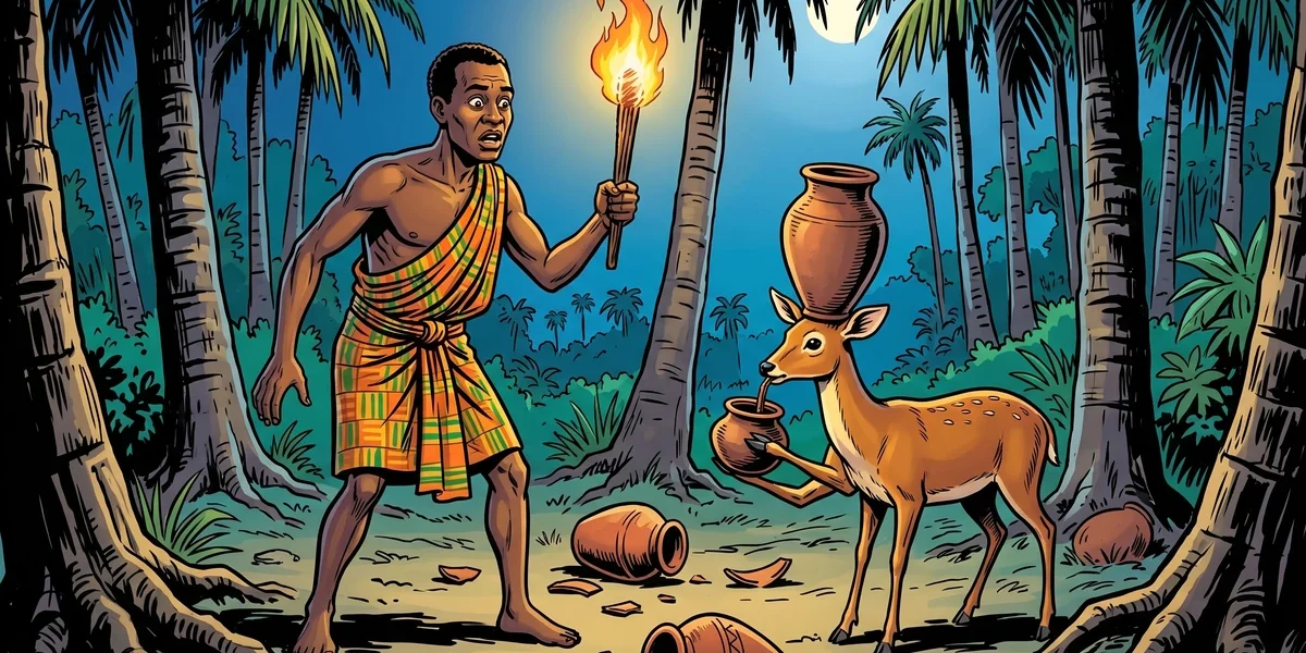 Ohia discovers the thieving bush-deer pouring his stolen palm wine by torchlight in the moonlit palm grove — Akan folk tale illustration