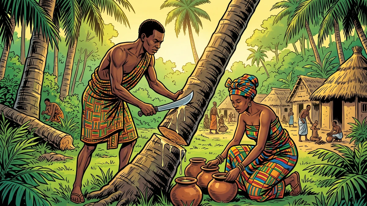 Ohia and his wife Awirehu tapping palm trees and setting clay pots in their Gold Coast village