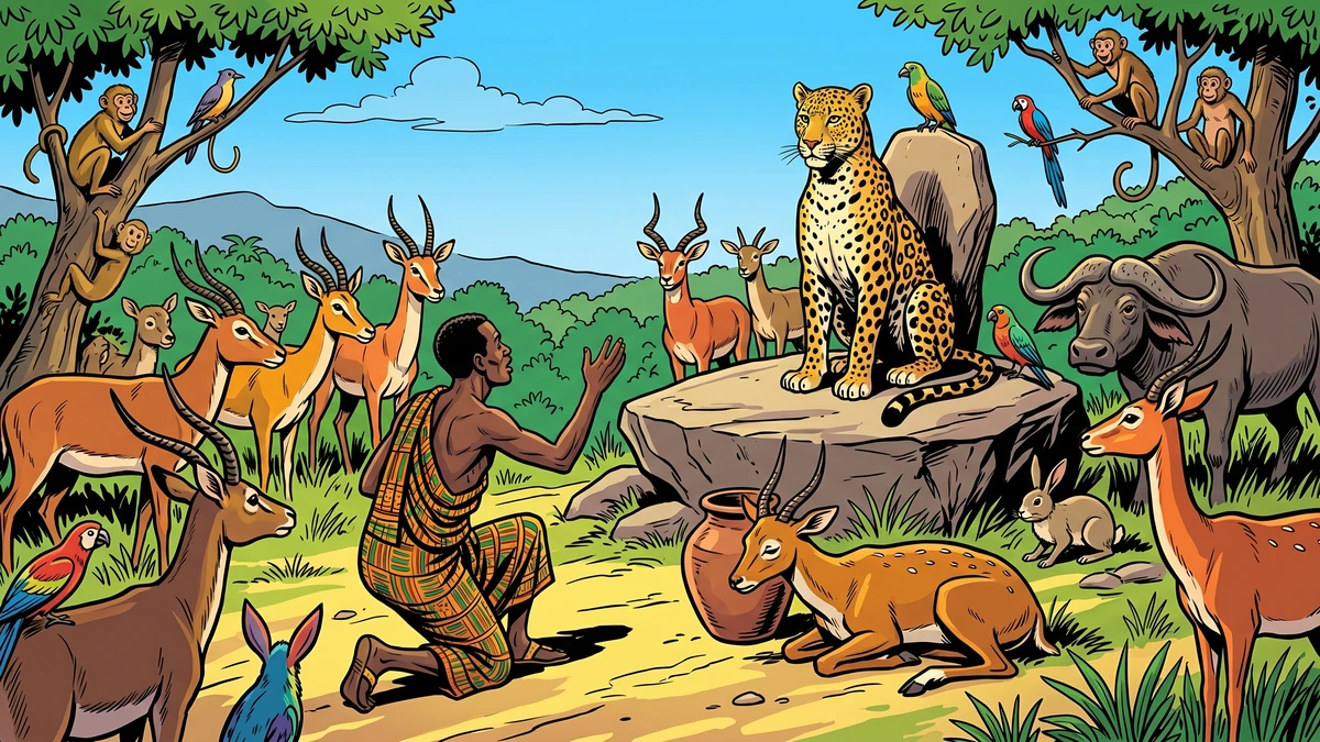 Ohia pleading his case before King Tiger the leopard at the hilltop assembly of animals