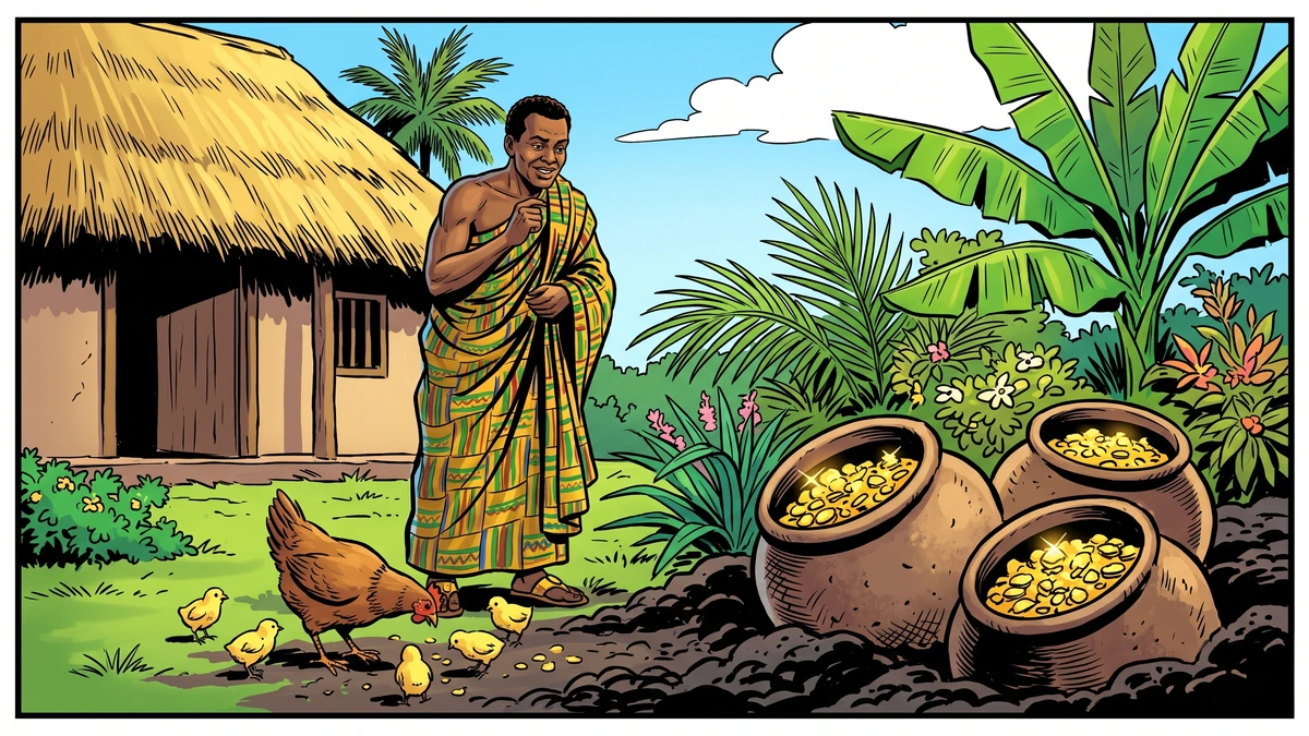 The prosperous Ohia overhearing a hen reveal three jars of buried gold in his garden