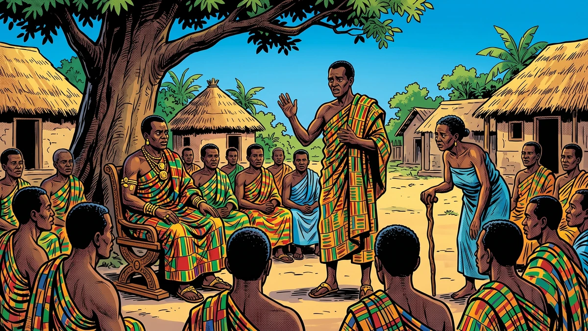 Ohia speaking his fatal secret before the Akan village chief and assembled people