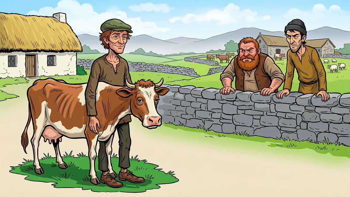 Donald O'Neary stands beside his bony cow Daisy on a strip of grass while jealous farmers Hudden and Dudden glare over a low Irish stone wall.
