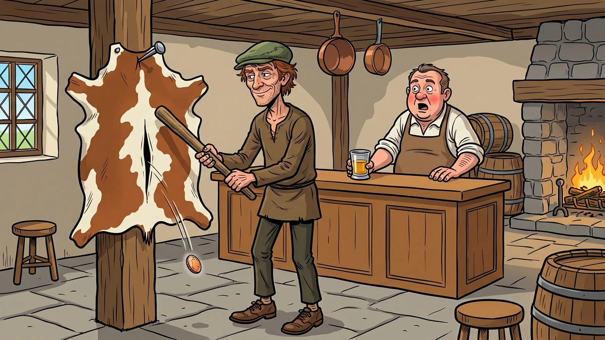 Donald O'Neary strikes a fresh cow hide hanging in an Irish country inn and a copper penny drops out as the astonished landlord watches from behind the wooden bar.