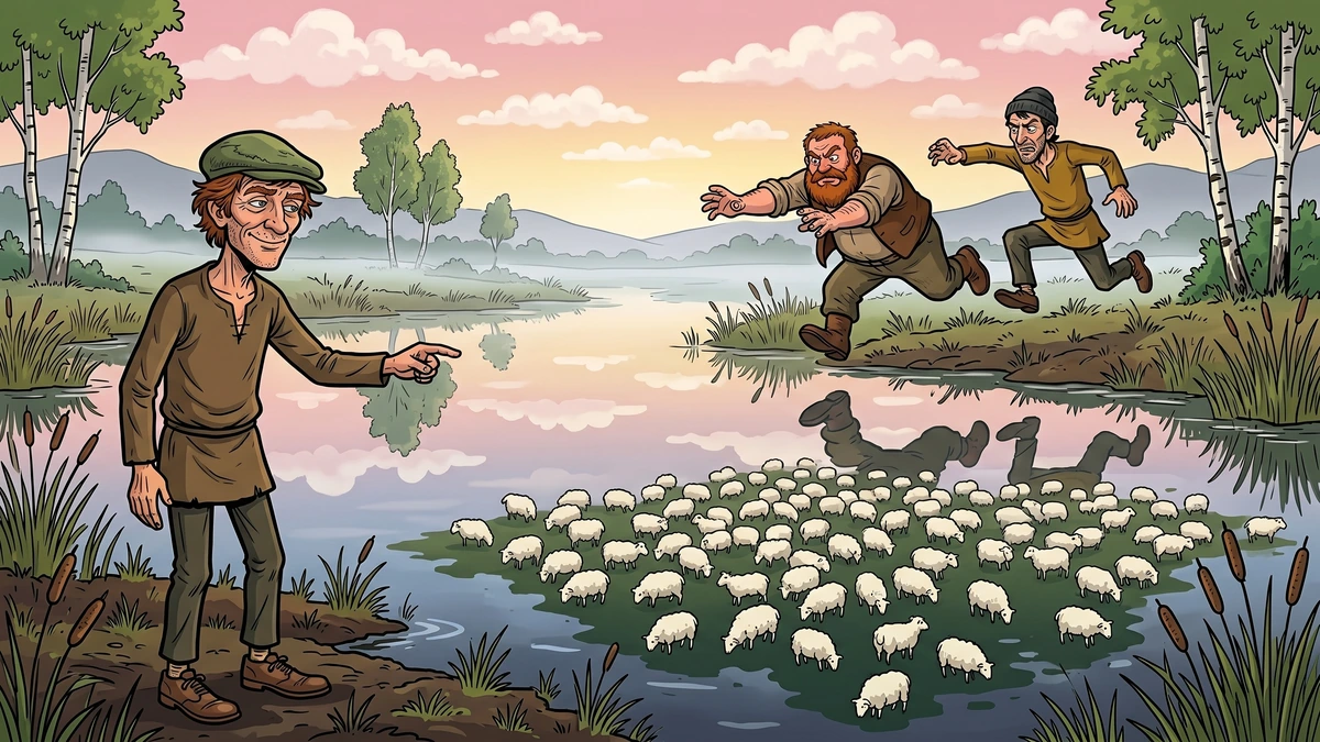 Donald O'Neary stands calmly at the shore of the Brown Lake of the Bog, pointing at the cloud-reflecting water, while the greedy farmers Hudden and Dudden leap headlong into the lake after the imagined cattle of the Land of Promise.