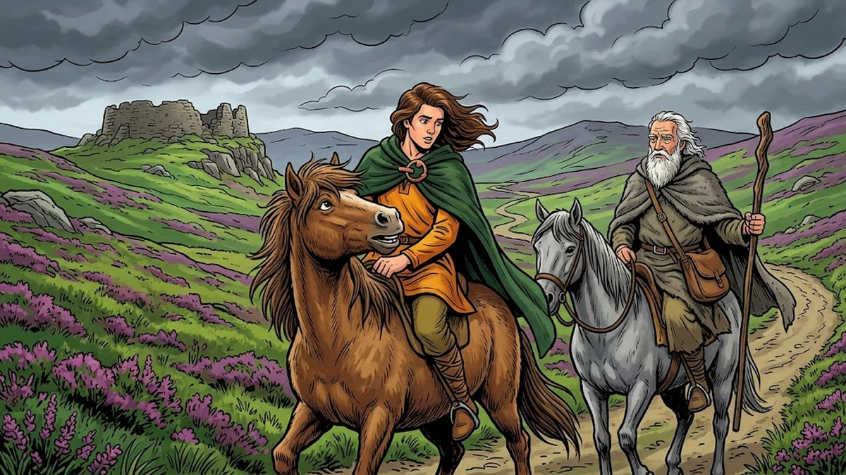 Morraha and old Niall ride the brown mare through windswept Donegal hills