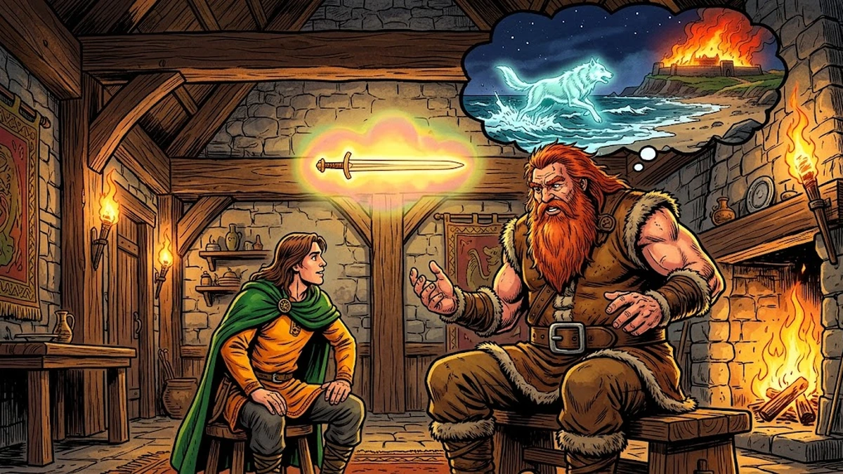 The woodland giant tells Morraha the tale of Niall and the five burnings beside the Sword of Light