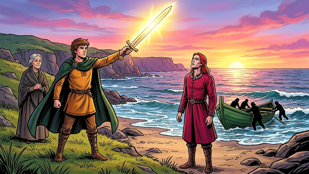 Morraha raises the Sword of Light at sunset before the Slender Red Champion as the Donegal currach departs