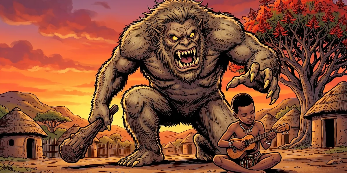 Abiyoyo: Sipho the Xhosa boy plays his ukulele as the giant Abiyoyo looms over the kraal at sunset, South African folk tale cover