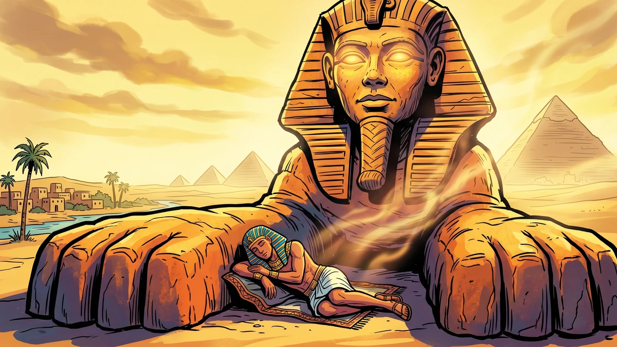 The young prince sleeps between the giant paws of the Great Sphinx as its stone face glows and speaks to him in a dream