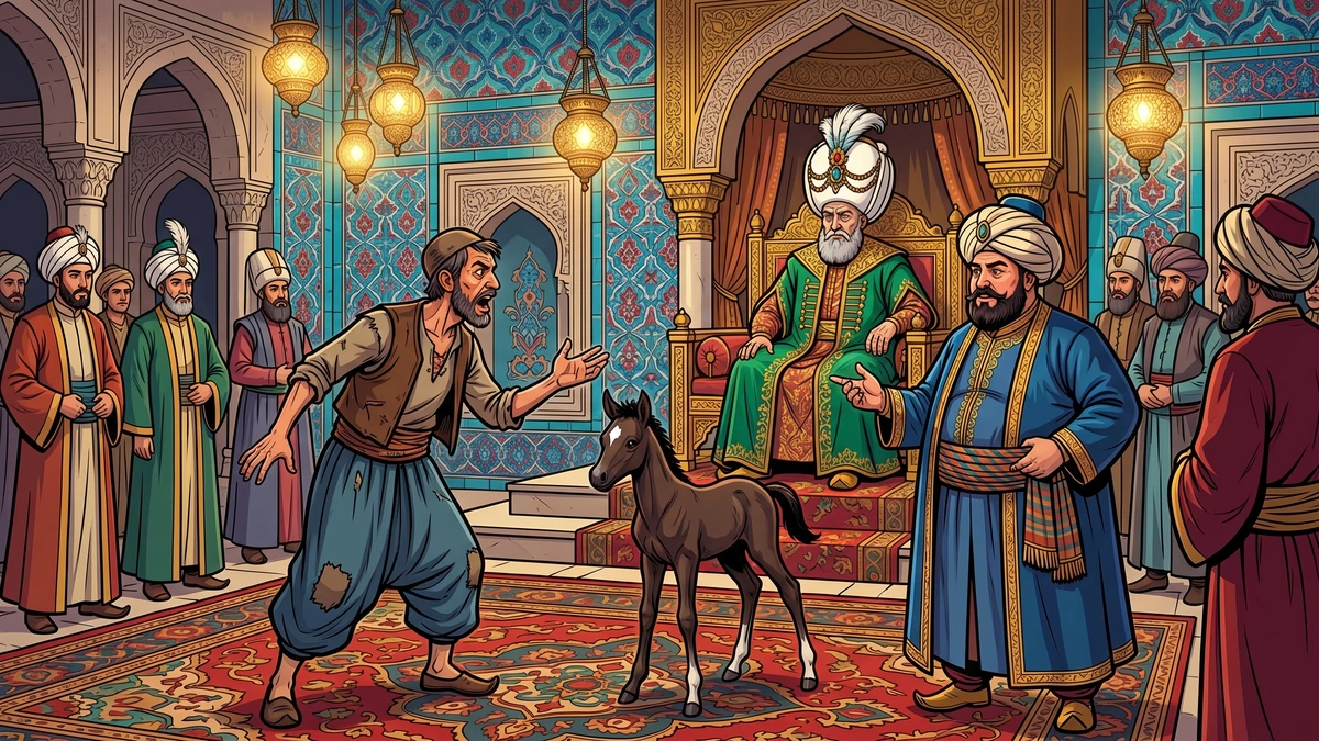 An aged padishah on a golden throne hears a poor weaver and a wealthy farmer argue over a new-born foal standing between them in an ornate Ottoman palace hall
