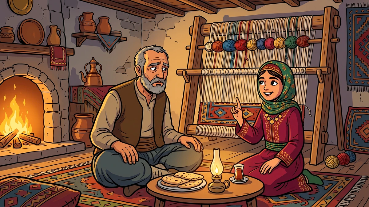 The wise girl raises a finger to explain the answers to the three riddles to her worried weaver father beside the hearth and loom of their village cottage
