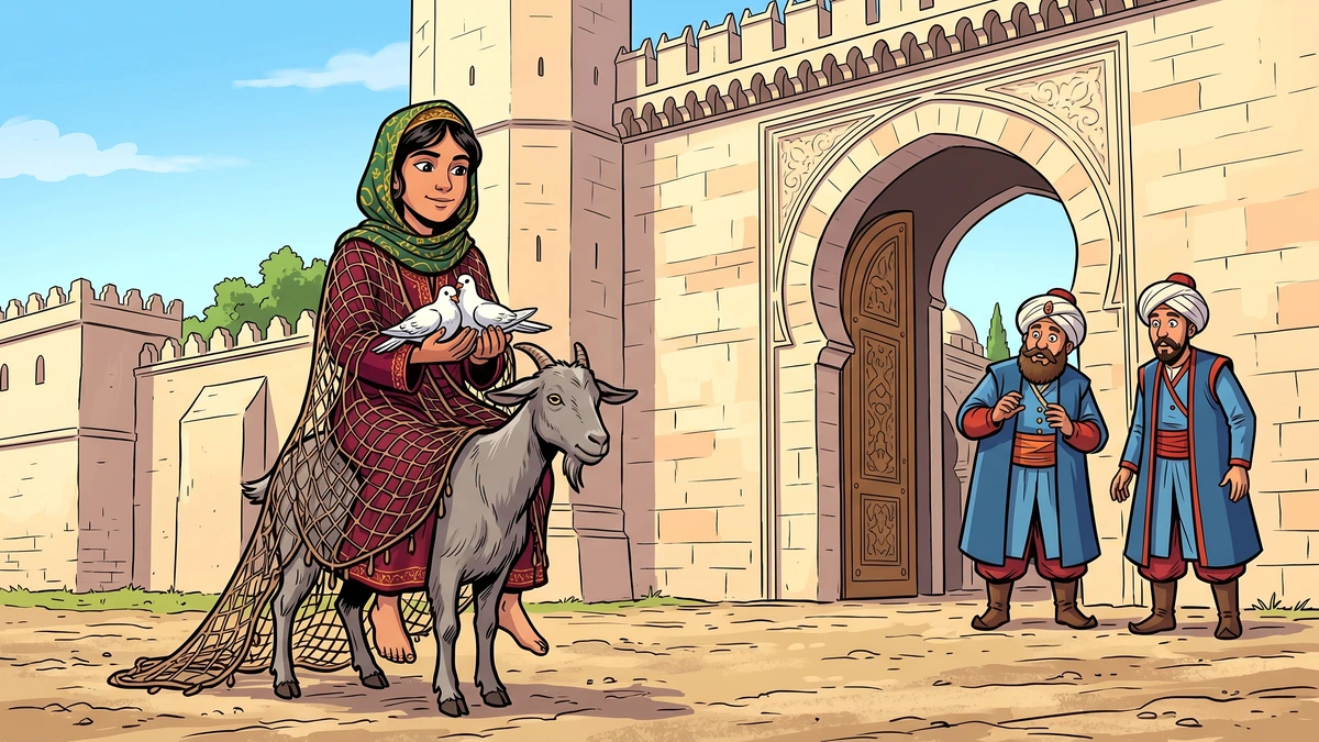 The wise girl arrives at the palace gate wrapped in a fishing net, riding a small goat with her toes brushing the ground and holding two white doves
