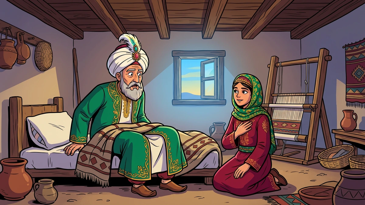 The padishah wakes in confusion in a humble village cottage as the wise girl kneels by the bed and explains she chose him as her dearest possession