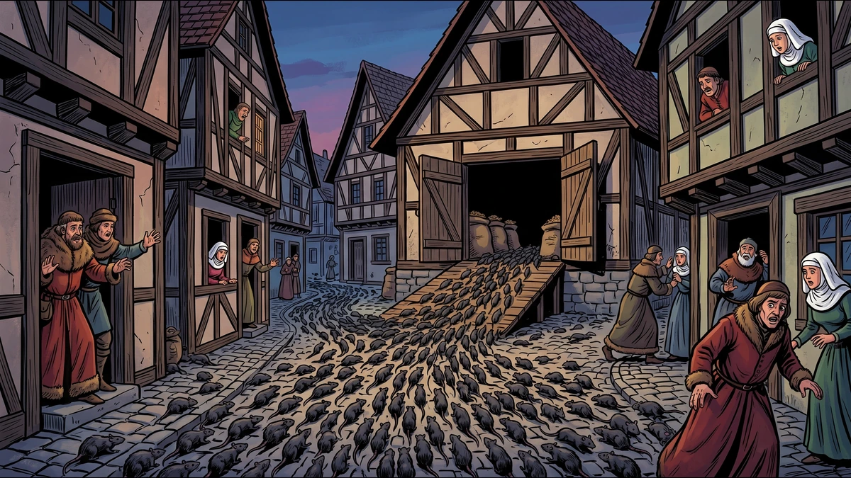 Rats swarm a medieval German street in Hamelin as frightened townsfolk recoil in their doorways