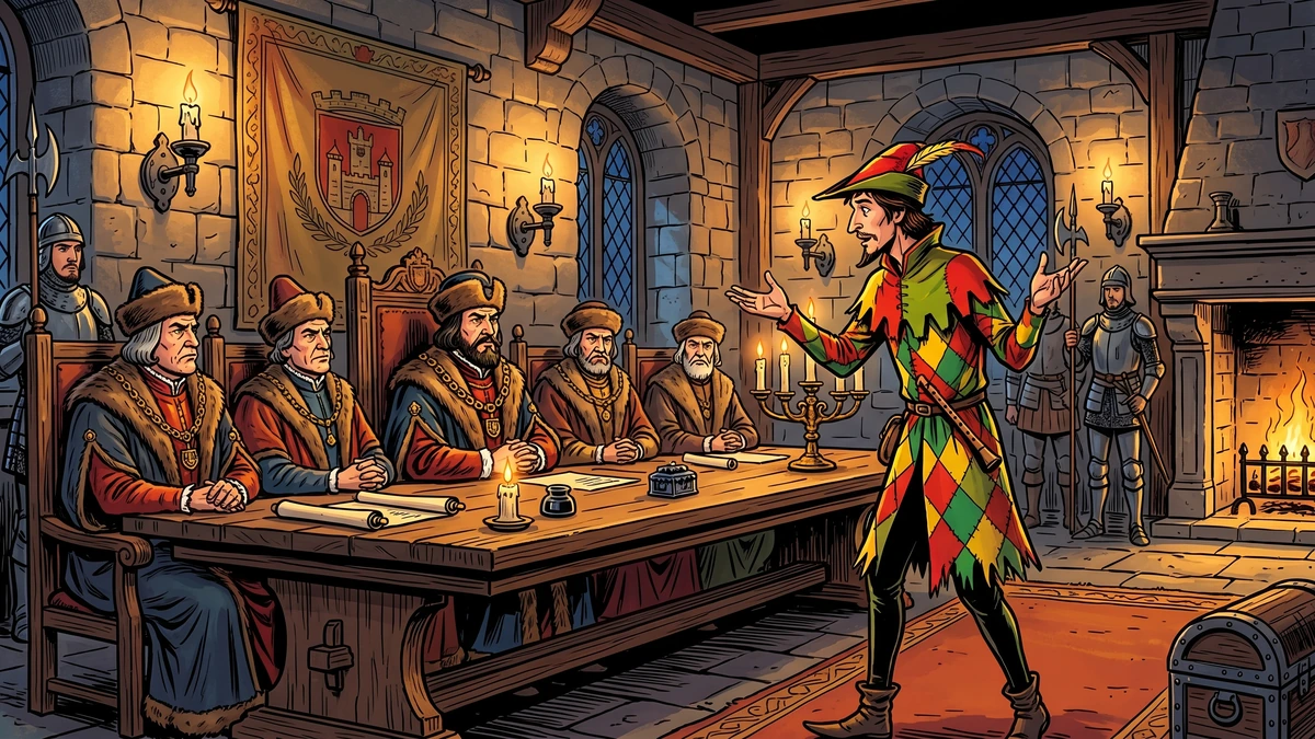 The Pied Piper in his patchwork motley coat makes his bargain before the seated Hamelin town council