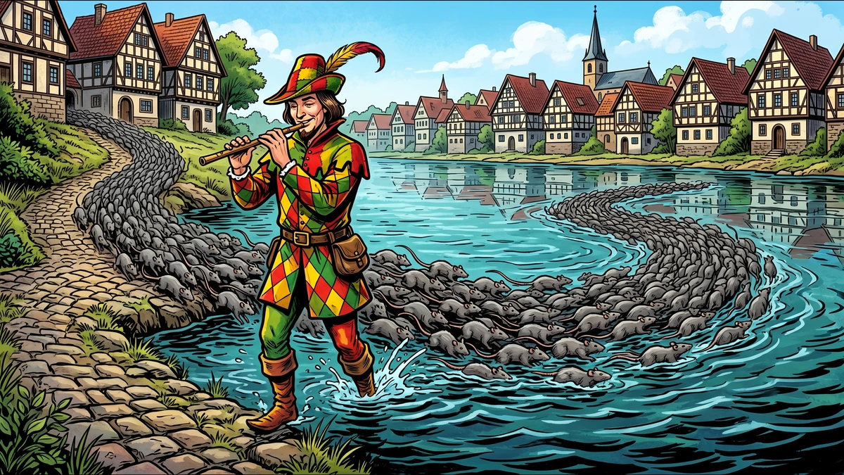 The Pied Piper pipes the rats of Hamelin into the Weser River