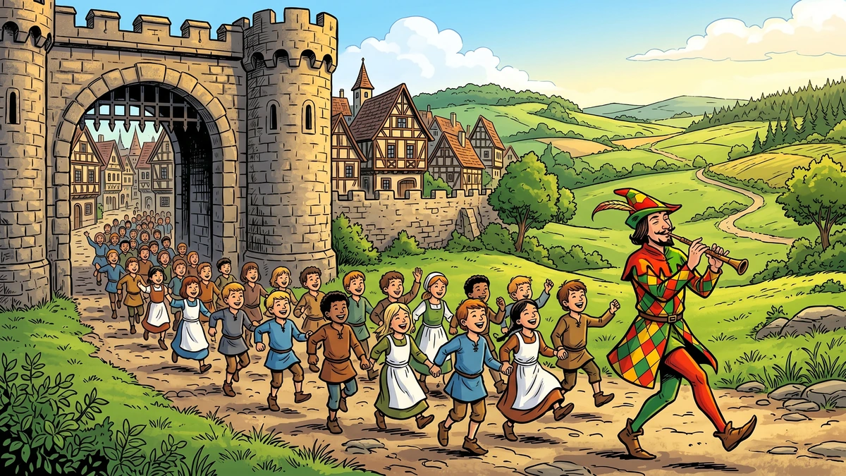 The Pied Piper leads the dancing children of Hamelin away through the town gate toward the hills