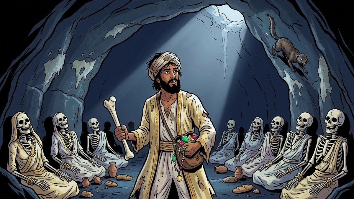 The cavern of the dead: Sinbad in his ragged bridegroom's robe stands among the laid-out dead with a bone, jewels, and a faint shaft of moonlight from a high crevice