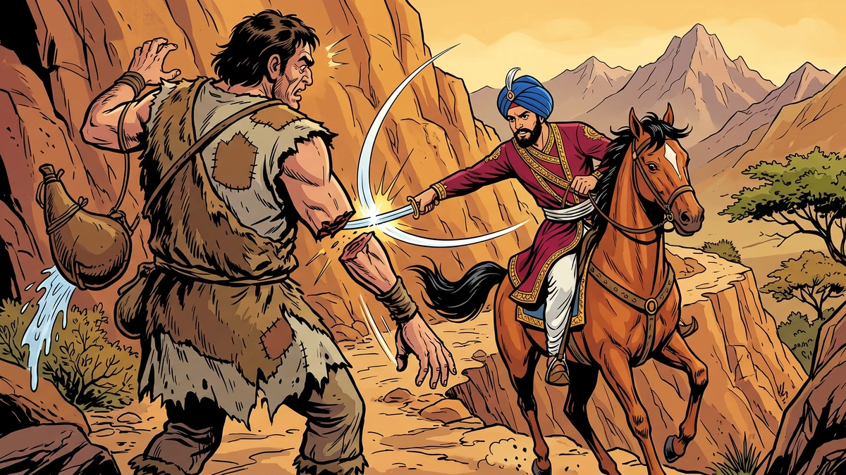 Raja Rasalu, sword in hand, severs the wrist of the water-carrier giant on the rocky road to Nila — Amar Chitra Katha style Punjabi folktale illustration
