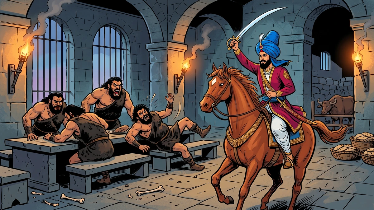 Raja Rasalu rides into the stone hall of the giants of Nila and slays the brutish tyrants beside their long stone table — Amar Chitra Katha style Punjabi folktale illustration