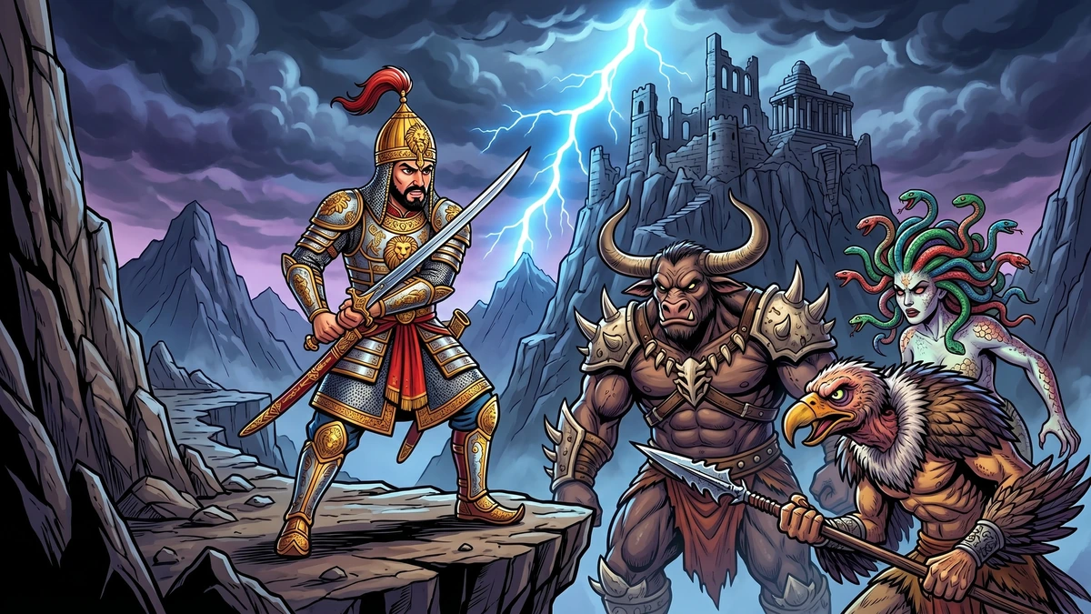 Prince Bahramgor faces the three demons of the Black Mountain in golden armor - Amar Chitra Katha illustration for The Faithful Prince