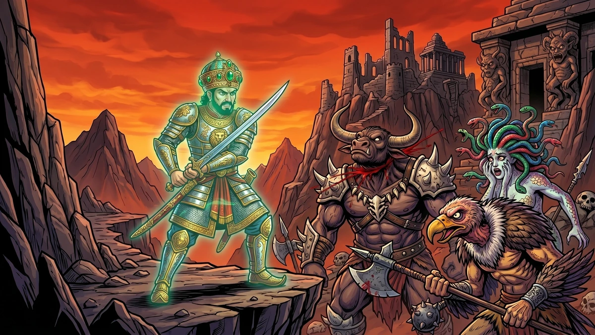 Bahramgor wears the Cap of Invisibility to defeat the demons at sunset - Amar Chitra Katha illustration for The Faithful Prince