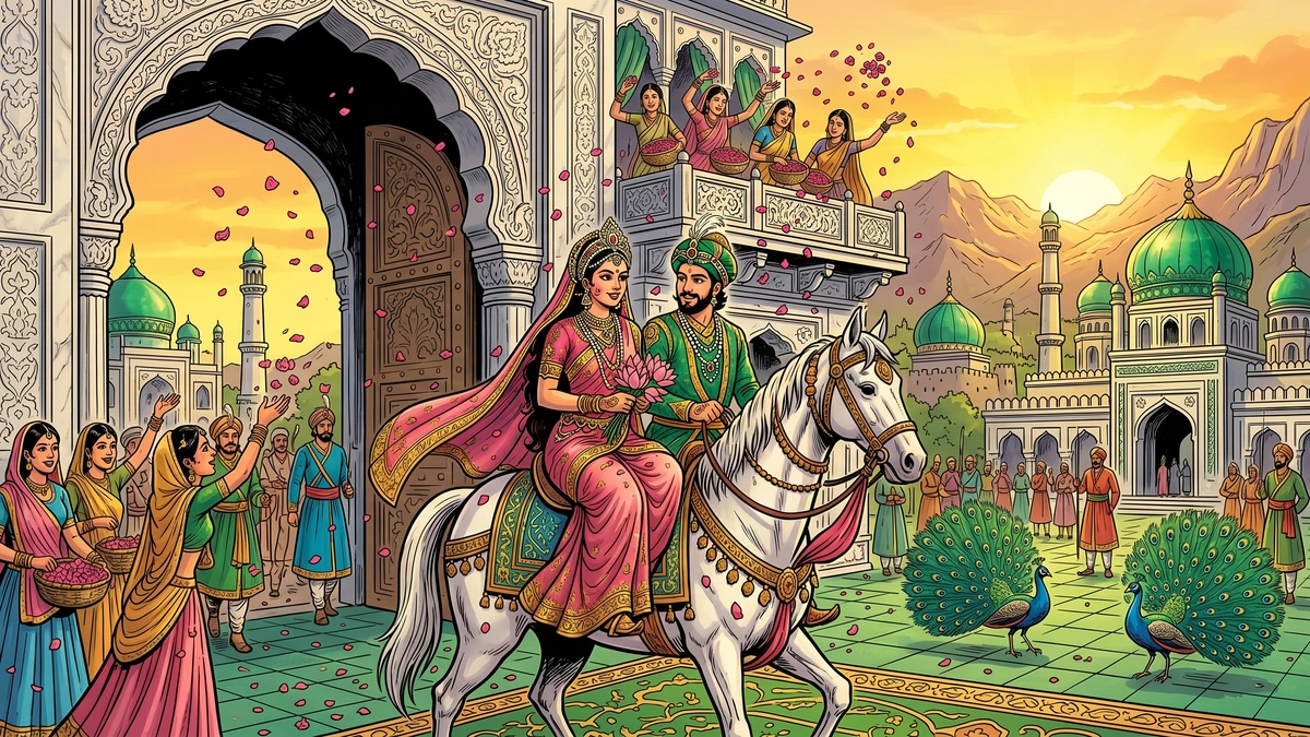 Prince Bahramgor returns to the Emerald Kingdom with his Persian princess bride amid peacocks and rose petals - Amar Chitra Katha illustration for The Faithful Prince