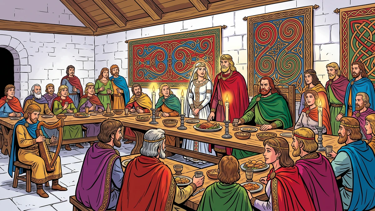 The Fate of the Children of Lir - Scene 1: Bodb Dearg, king of the sidhe, gives his foster-daughter Aoibh in marriage to Lir of Sidhe Fionnachaidh, knitting the Tu