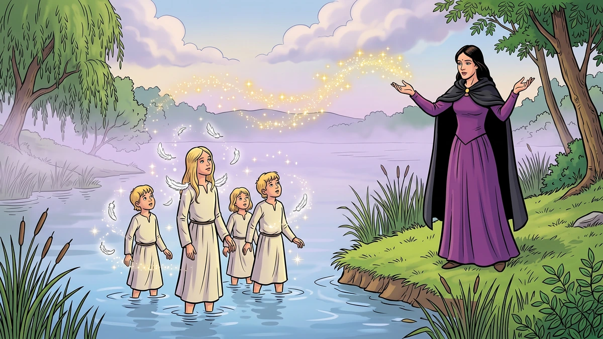 The Fate of the Children of Lir - Scene 2: On the shore of Loch Dairbhreach the second wife Aoife strikes the four children with her druid-rod and lays the great g