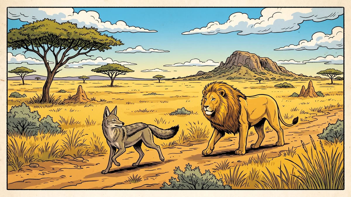 Comic-style illustration of a jackal leading a lion across the southern African veld