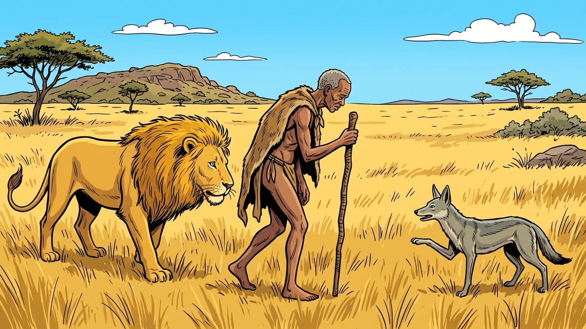Comic-style illustration of a bent old man with a walking stick observed by a lion and jackal
