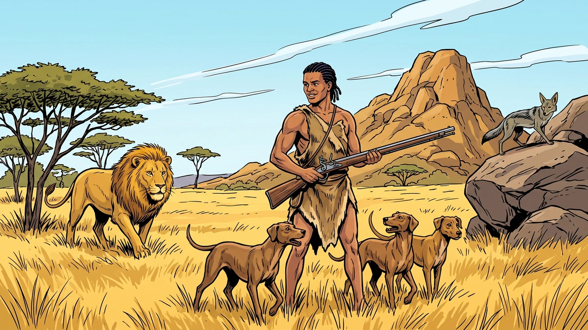Comic-style illustration of a young hunter with dogs and a musket on the veld