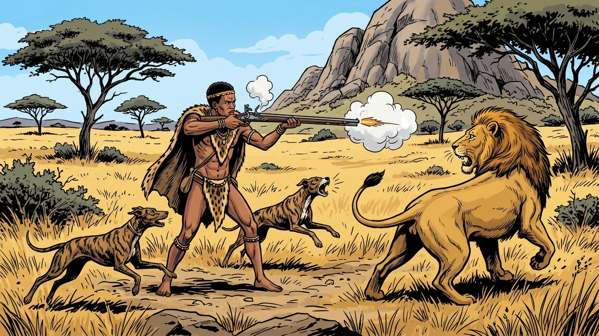 Comic-style illustration of a hunter firing a musket as a lion recoils and retreats