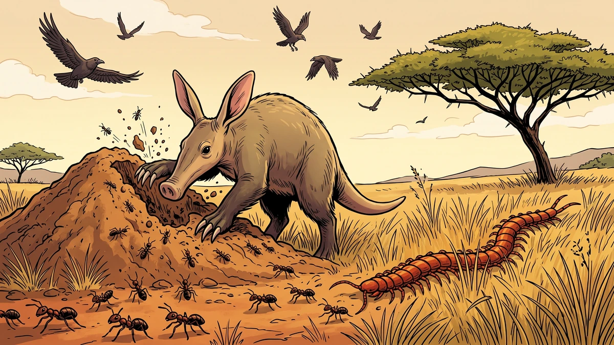 Comic-style illustration of ants on the African veld fleeing an aardvark and a centipede