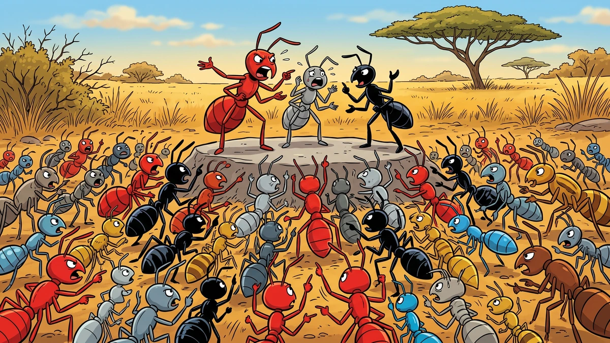 Comic-style illustration of many kinds of coloured ants arguing at a noisy council
