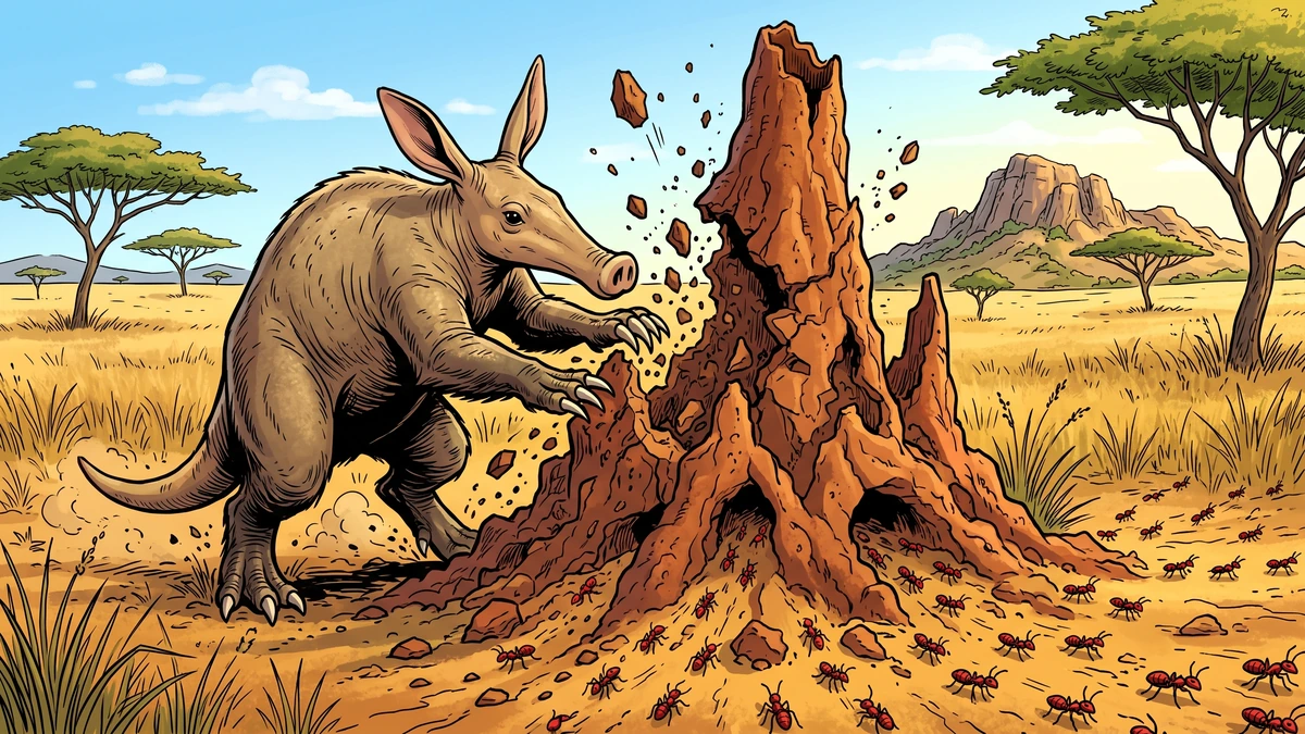 Comic-style illustration of an aardvark tearing apart a tall ant fortress mound