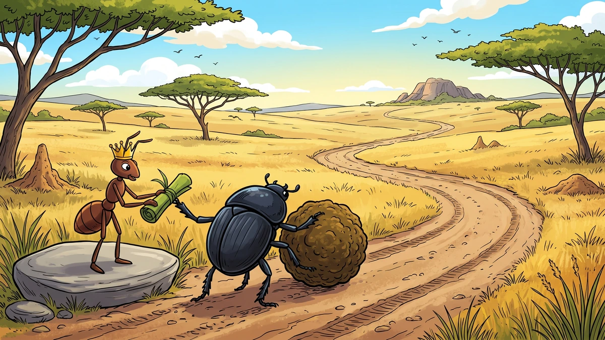 Comic-style illustration of an ant king handing a rolled leaf message to a slow dung-beetle