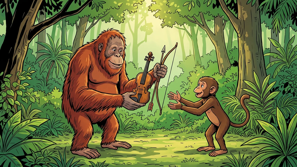Comic-style illustration of an old orang-outang handing a fiddle and a bow and arrow to a young monkey