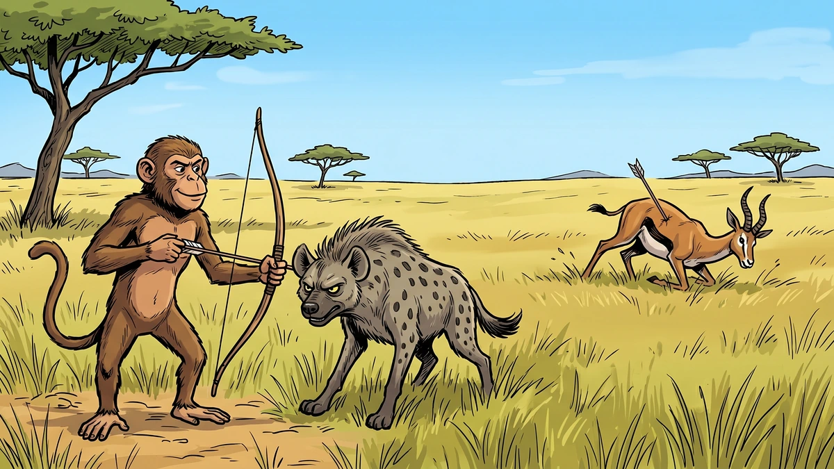 Comic-style illustration of a monkey shooting a deer with a bow and arrow while a wolf watches with greedy jealous eyes