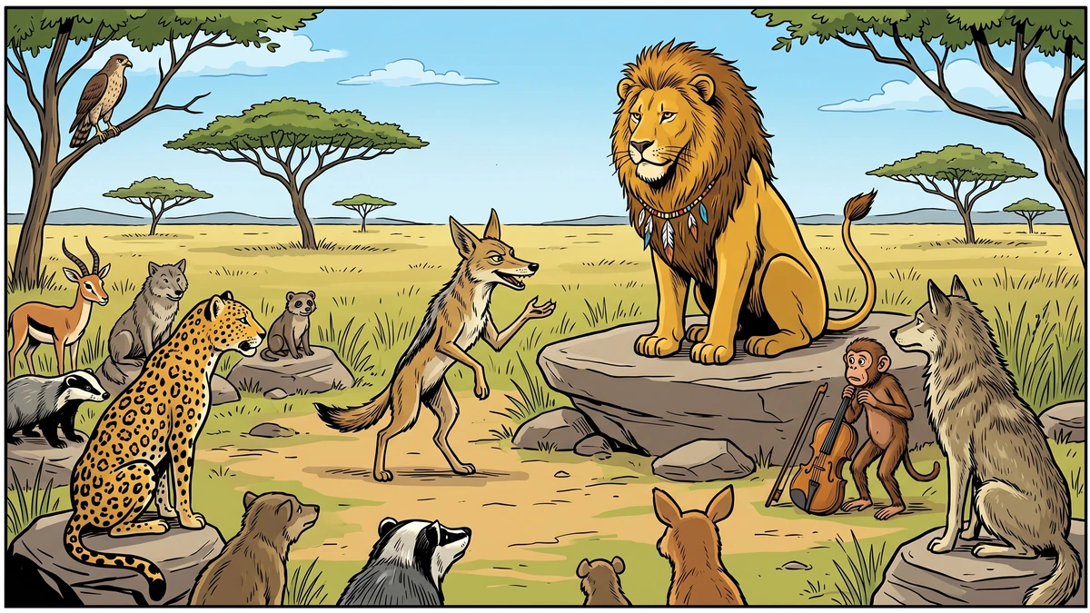 Comic-style illustration of a court of animals with a lion king on a throne, a jackal giving testimony, and a worried monkey on trial