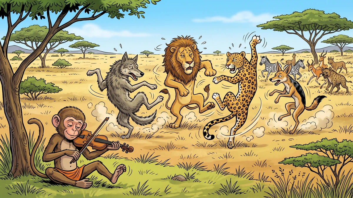 Comic-style illustration of a whole court of animals dancing wildly and helplessly while a calm monkey plays a fiddle