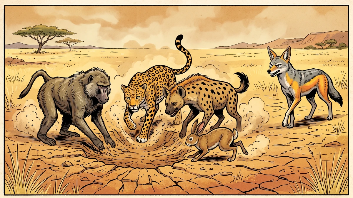 Comic-style illustration of veld animals digging a large water hole during a drought while a jackal stands idle nearby