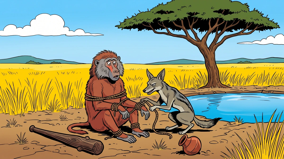 Comic-style illustration of a jackal binding a baboon who has set down his club, near a water hole